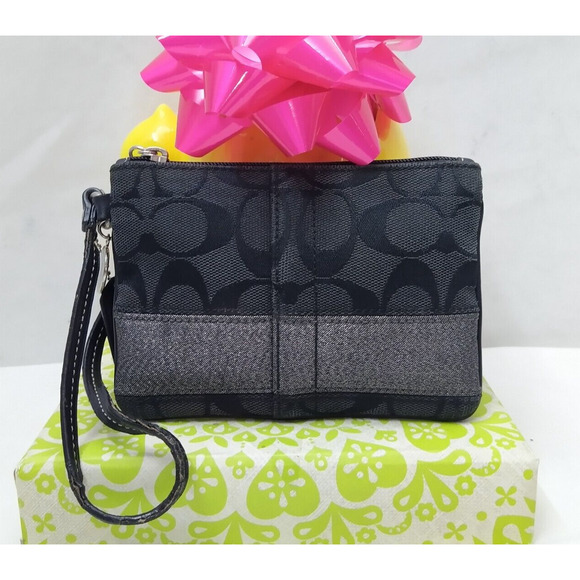 Coach Signature Black Canvas Stripe 65th Ann. Zipper Wristlet - Coin Wallet - Picture 1 of 11